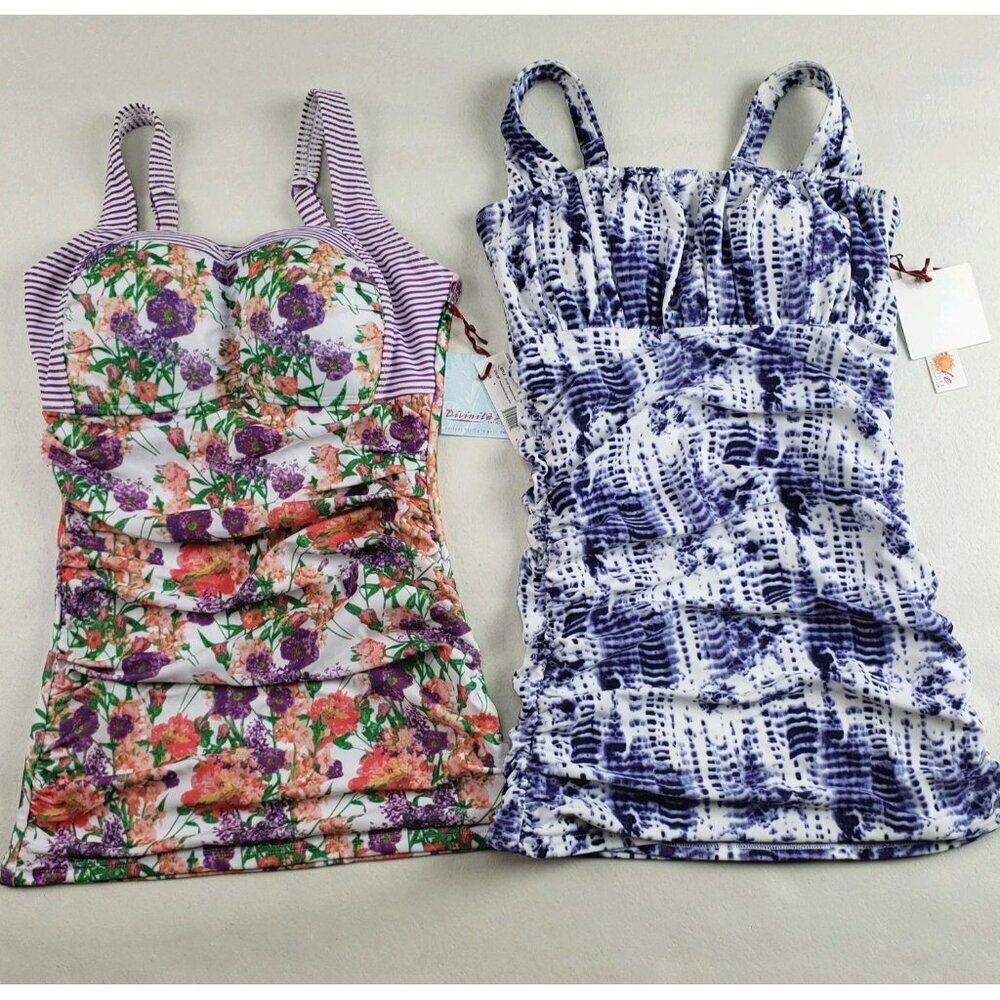Tankini Swimsuit Top Lot of 2 Womens Small White Floral Divine Modestee NEW